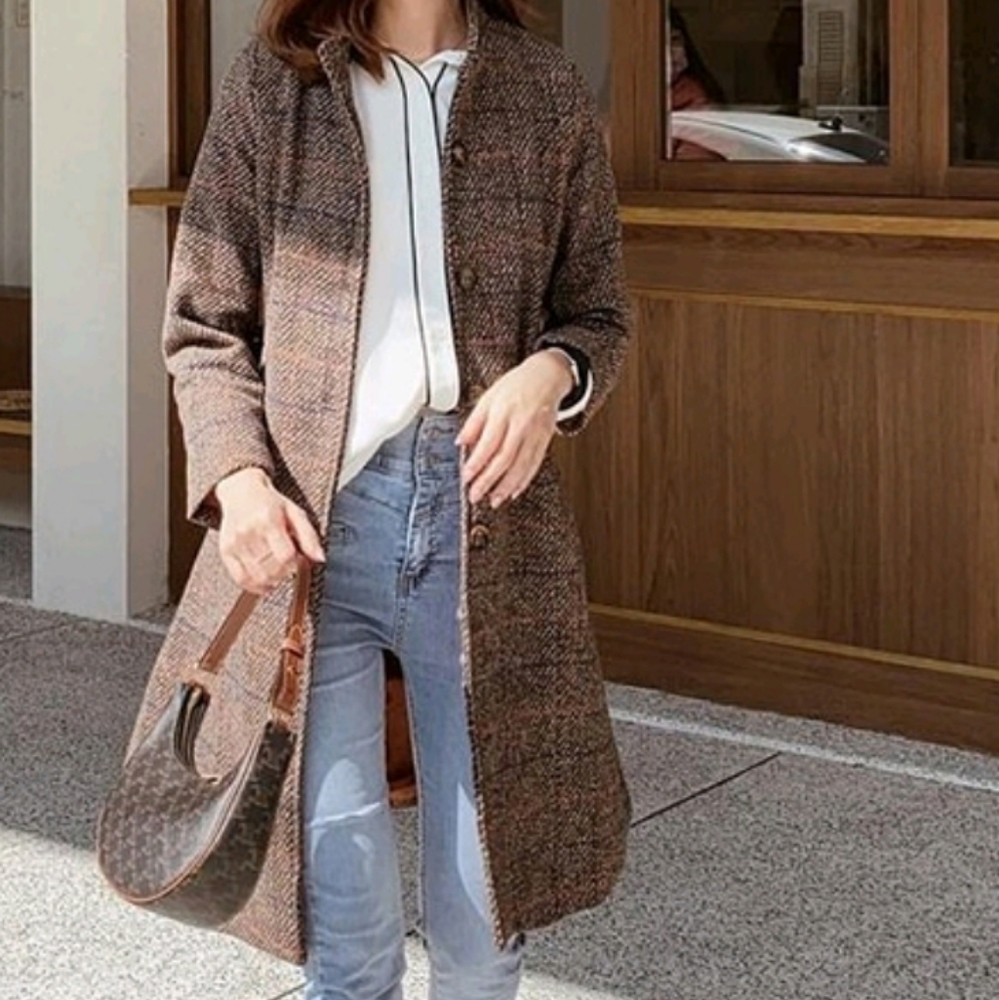 Tweed plaid brown casual trench coat jacket - Picture 8 of 10